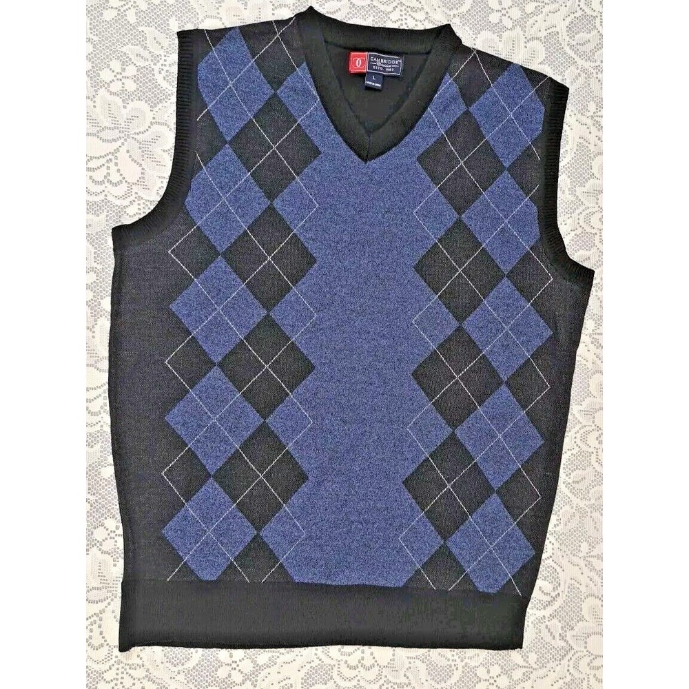 Cambridge Dry Goods Sleeveless Vest Mens Sz Lg‎ Black & Blue Argyle Pattern
